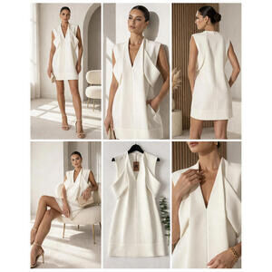 Julia Allert Dress Small Ivory Structured Sleeveless V Neck Mini Designer